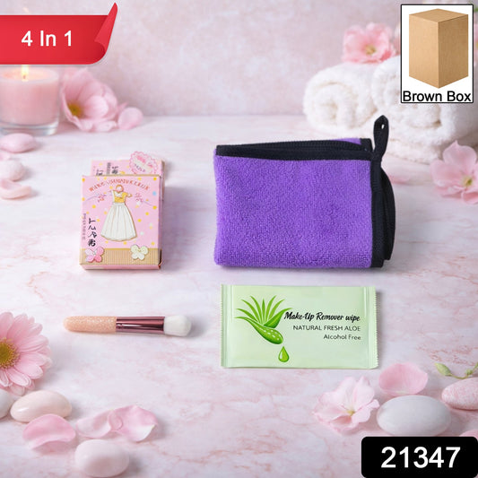 Indian woman using the gentle makeup remover wipe and soft cleansing cloth from the beauty care set.