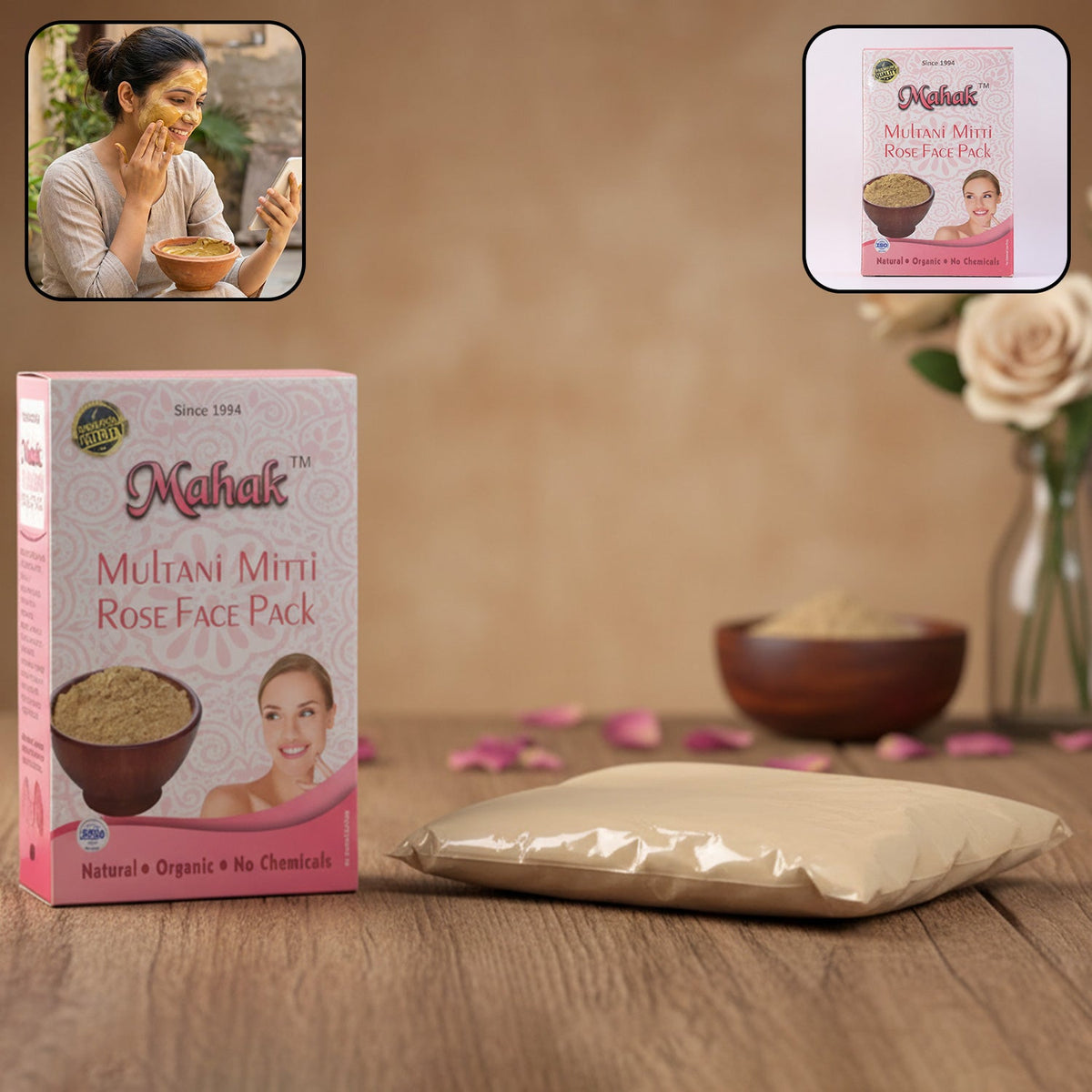 Multani Mitti and Rose face pack powder for skincare use
